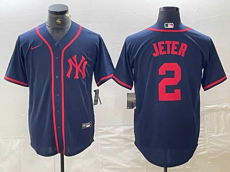 Men%27s New York Yankees #2 Derek Jeter Navy Red Fashion Cool Base Jersey